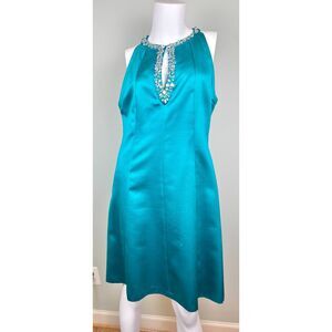VTG Y2K Silk Fairy Beaded A-line Midi Teal Dress Size 0P Petite Unger